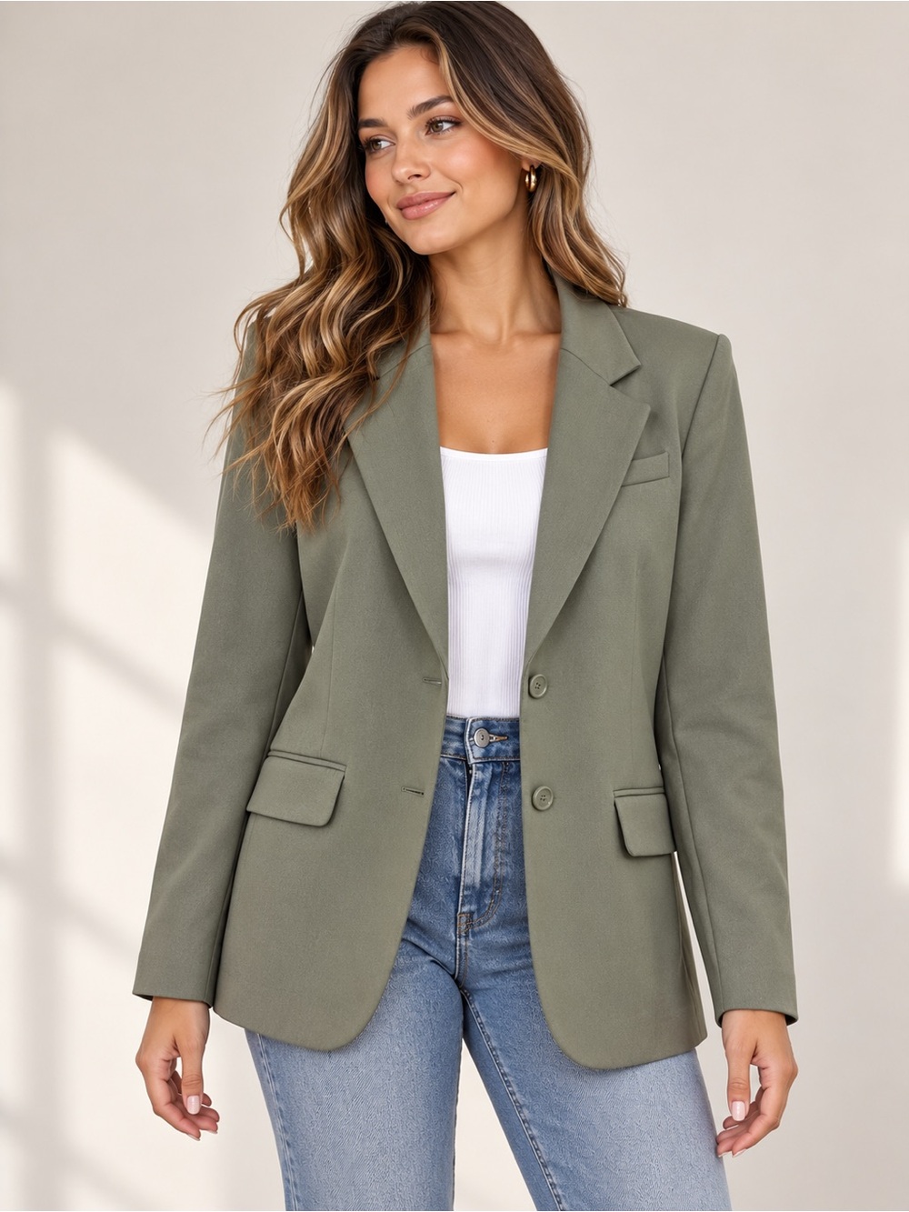 Fabletics Women’s M Olive Green Relaxed Fit Two Button Blazer Jacket